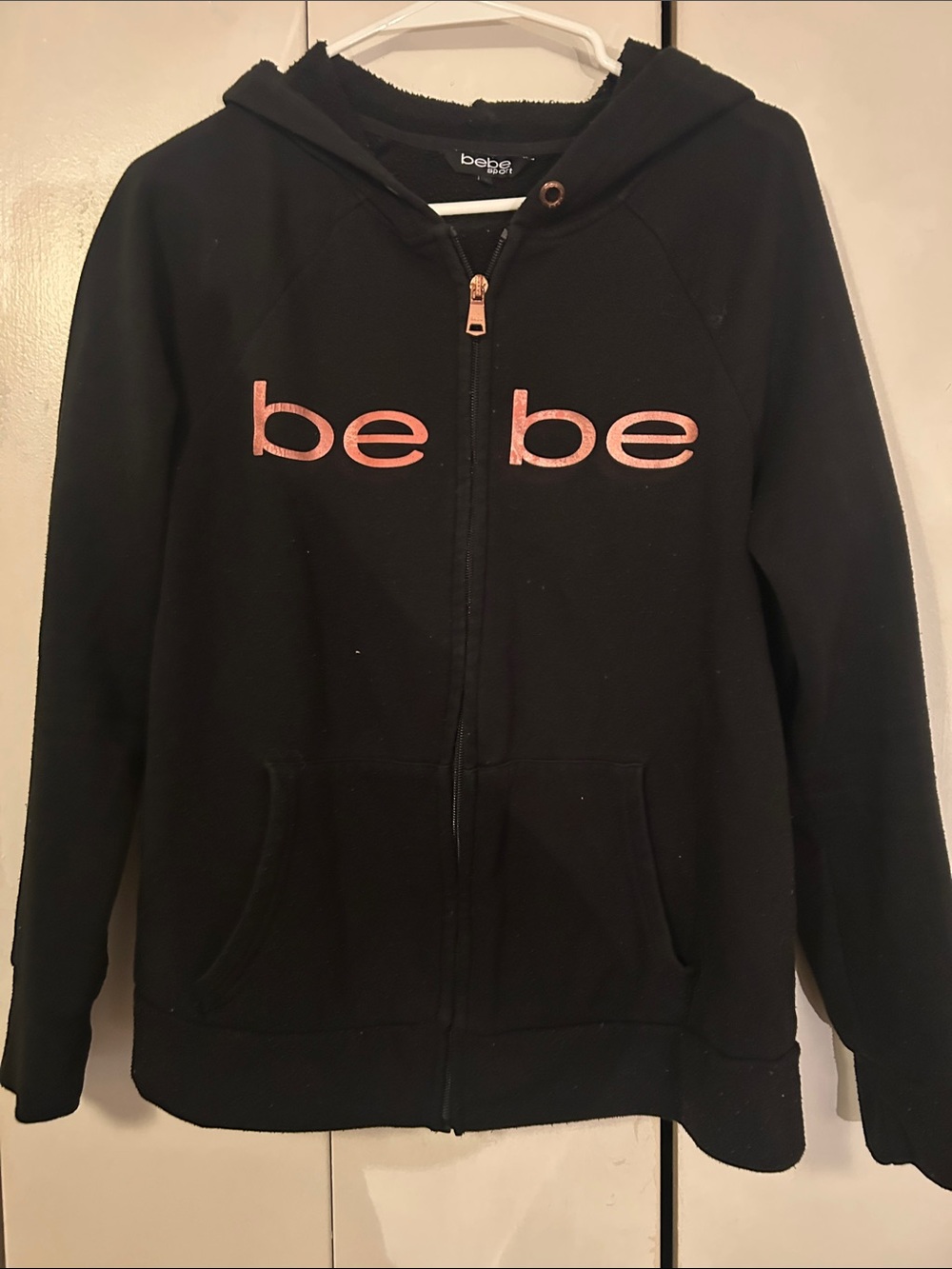 bebe Black Hoodie with Pink Logo Zip-Up